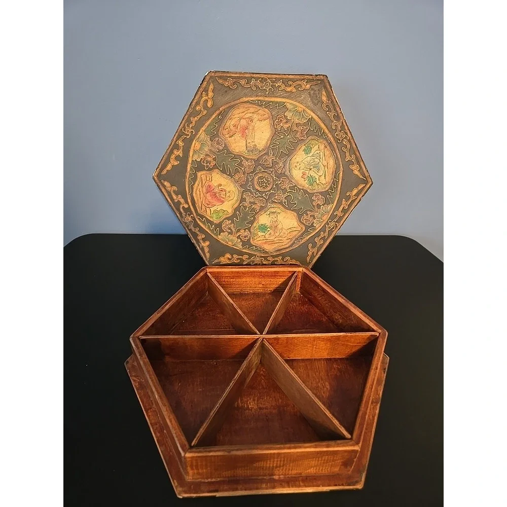 Antique Large Hexagonal Wooden Box Asian Hand Painted 6 Inside Compartments Rare